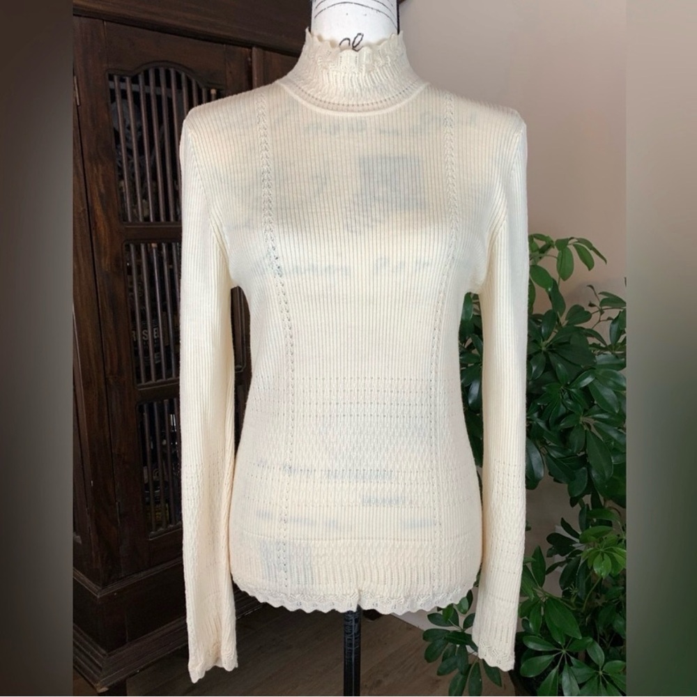 Elie Tahari Cream Merino Wool Turtleneck Sweater Size Large